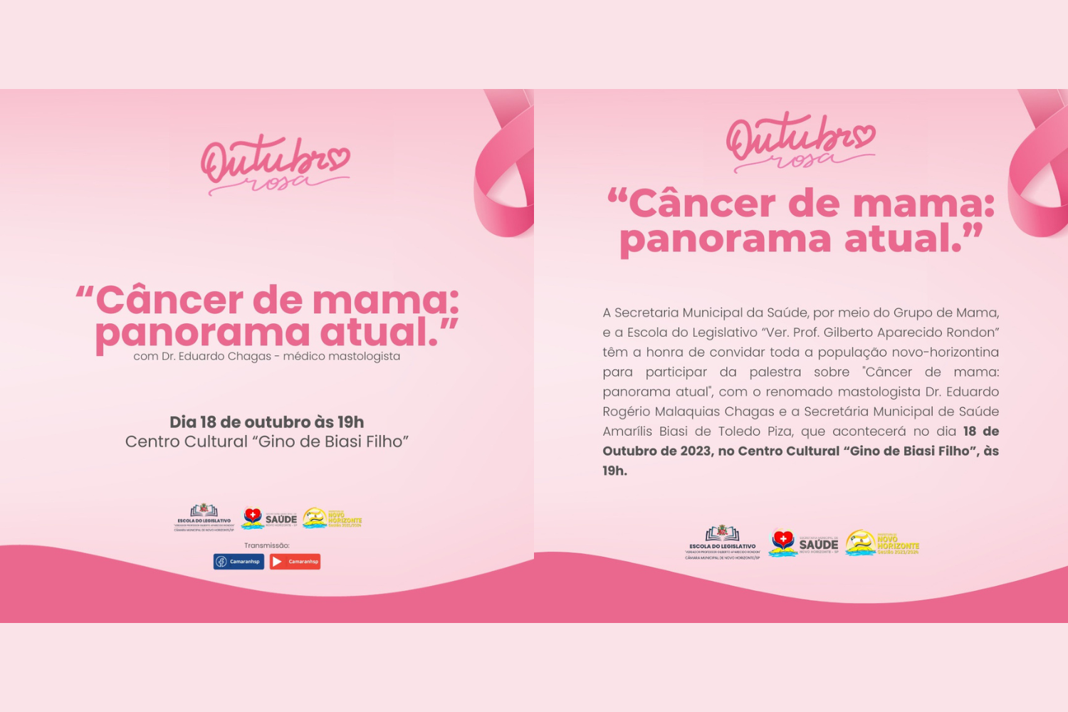 Secretaria Municipal de Saúde e Escola do Legislativo convidam para a palestra "Câncer de mama: panorama atual"