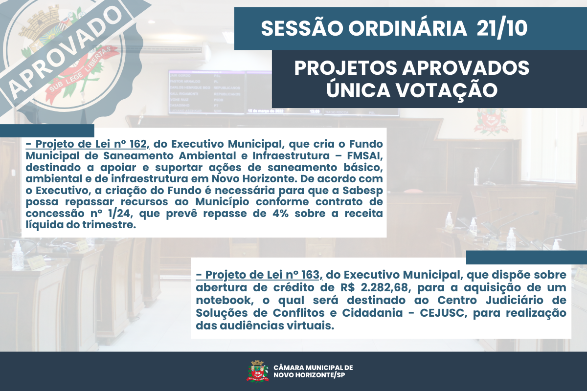 Confira a deliberação dos Projetos de Lei previstos na pauta da sessão ordinária de 21 de outubro