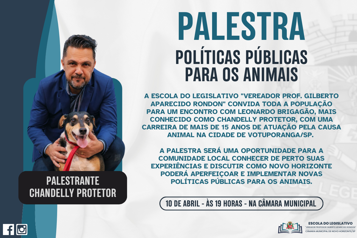 Escola Legislativo promoverá palestra com o tema "Políticas Públicas para os Animais"