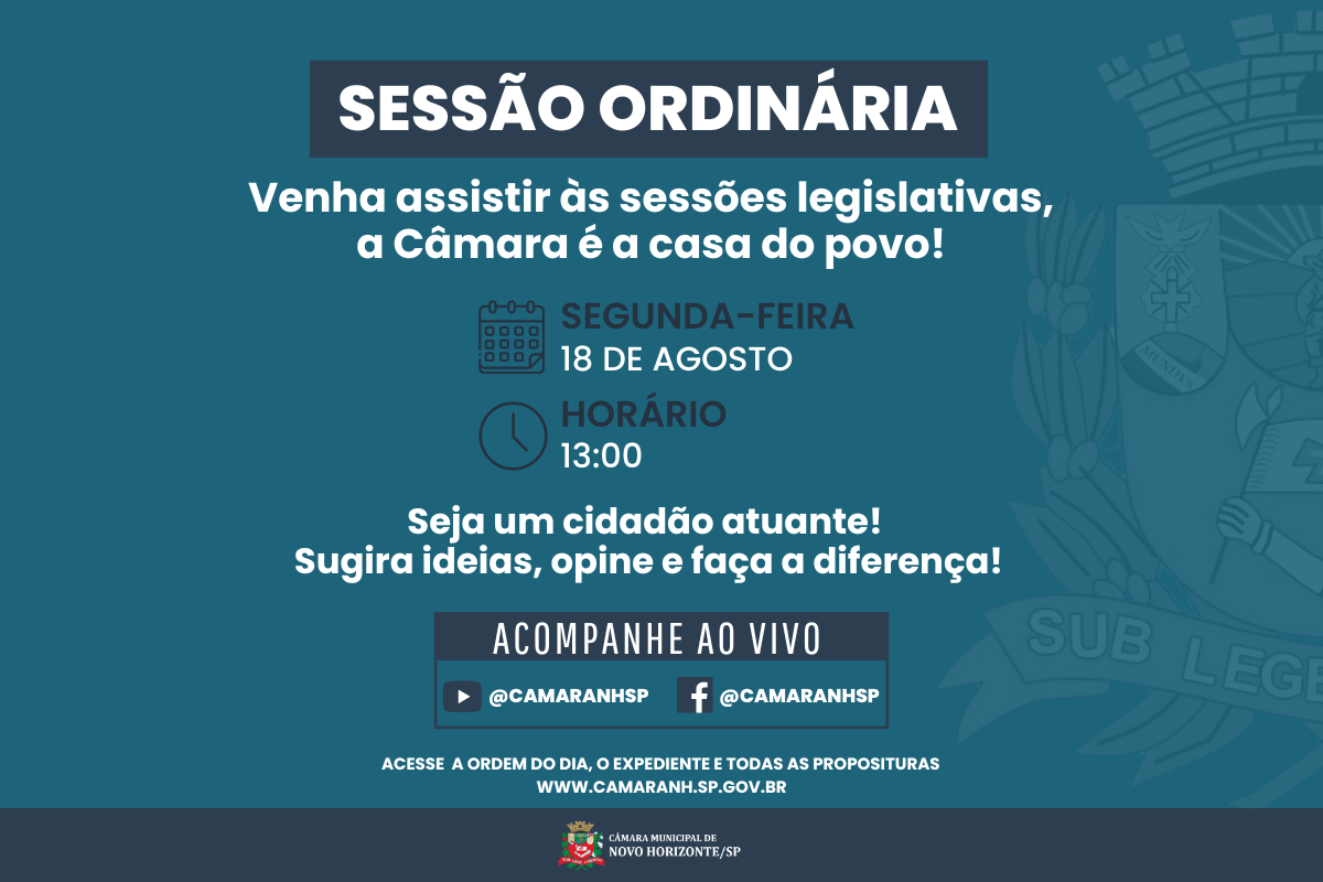 Legislativo realiza sessão ordinária na próxima segunda-feira, dia 18